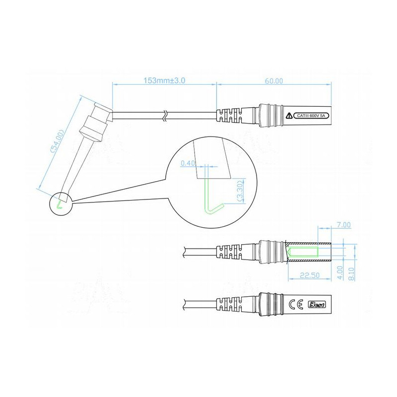 Chwytak bezp. haczyk. CH1N-0022-BK + przewód gn. 4mm CAT III 600V, 5A czarny
